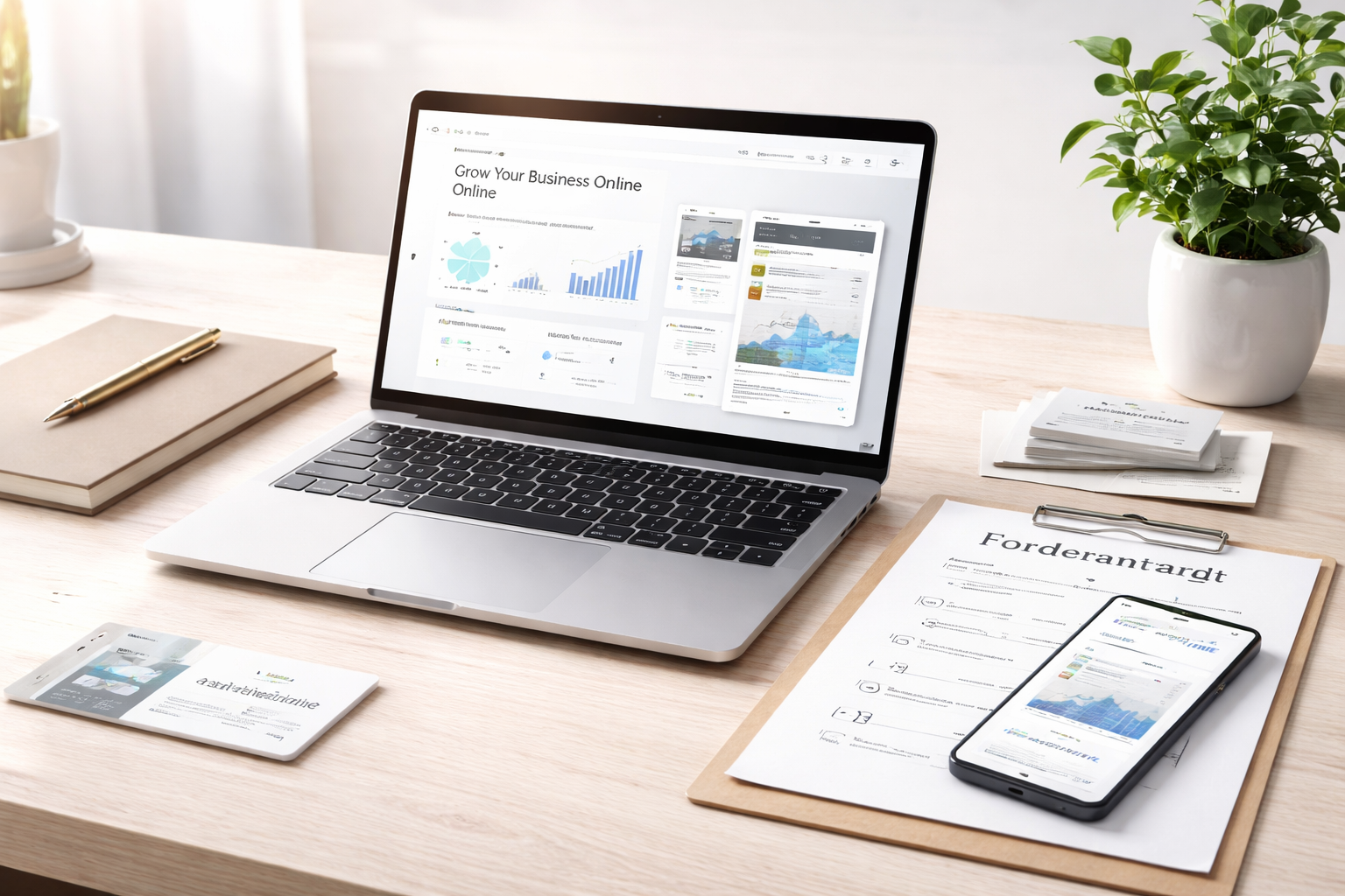 Arbeitstisch mit Computer und Handy