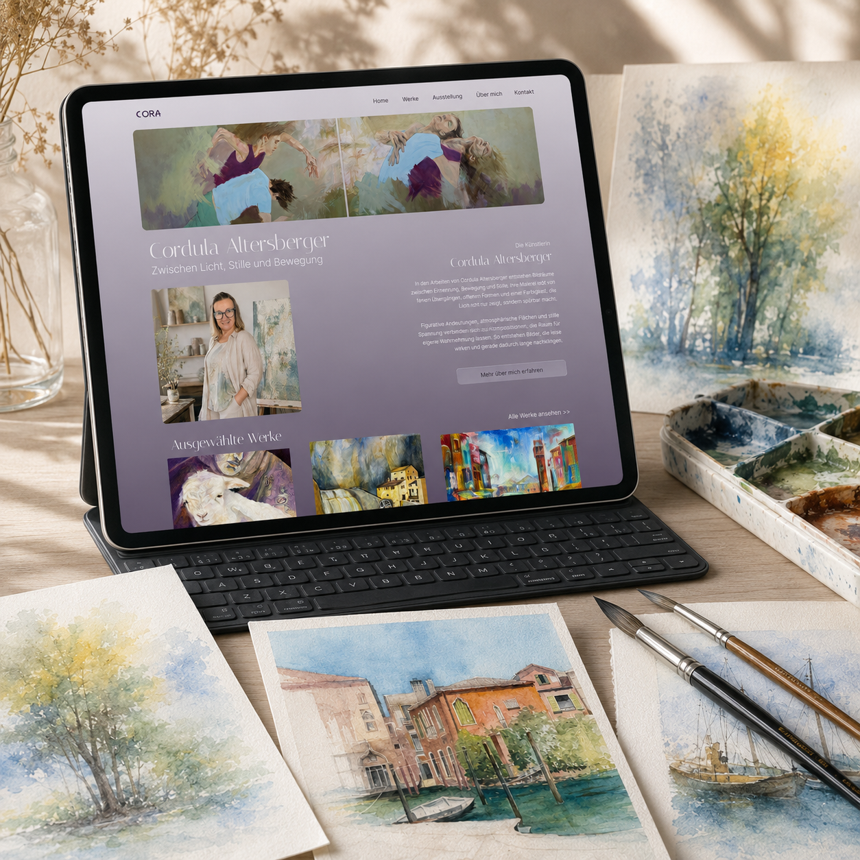Webdesign für Künstlerportfolio mit Tablet, Aquarellmalerei und ausgewählten Kunstwerken