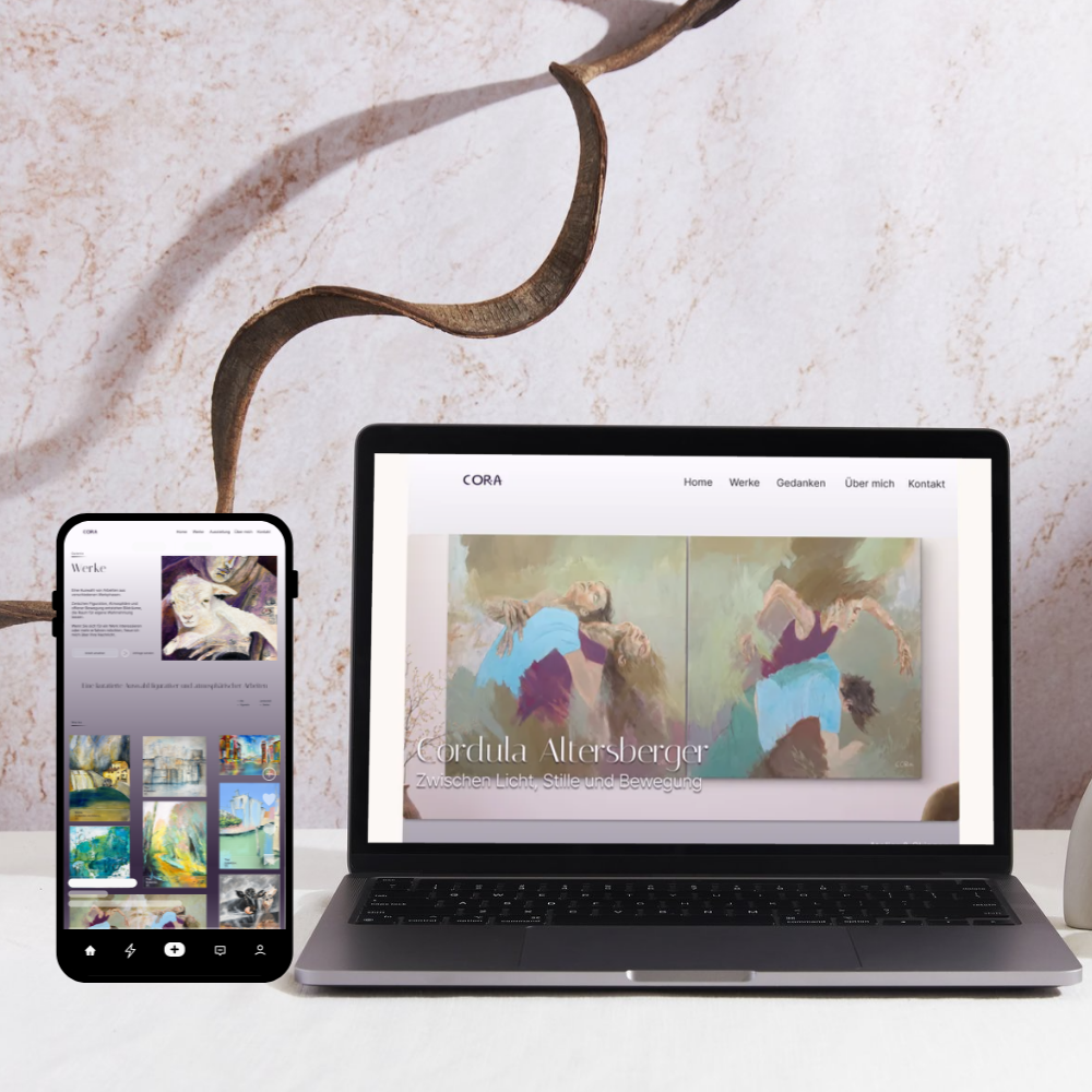 Portfolio & Referenzen 1 Webdesign für Künstlerportfolio mit Laptop und Mobilsicht am Handy
