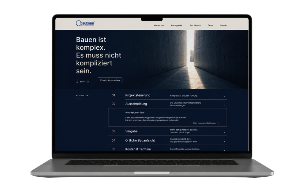 baukreis-projektmanagement-webdesign-laptop-portfolio Webdesign für Baukreis Projektmanagement auf Laptop