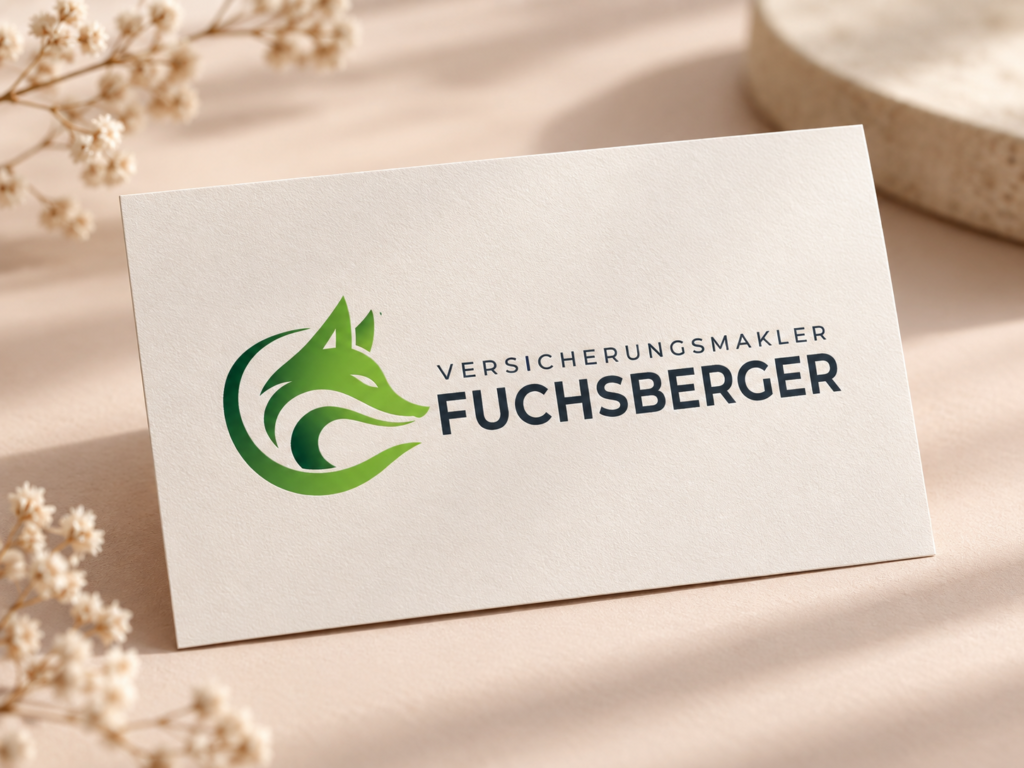 Leistungen 4 Visitenkarten-Mockup mit dem Logo von Fuchsberger Versicherungsmakler auf warmem beigem Hintergrund.
