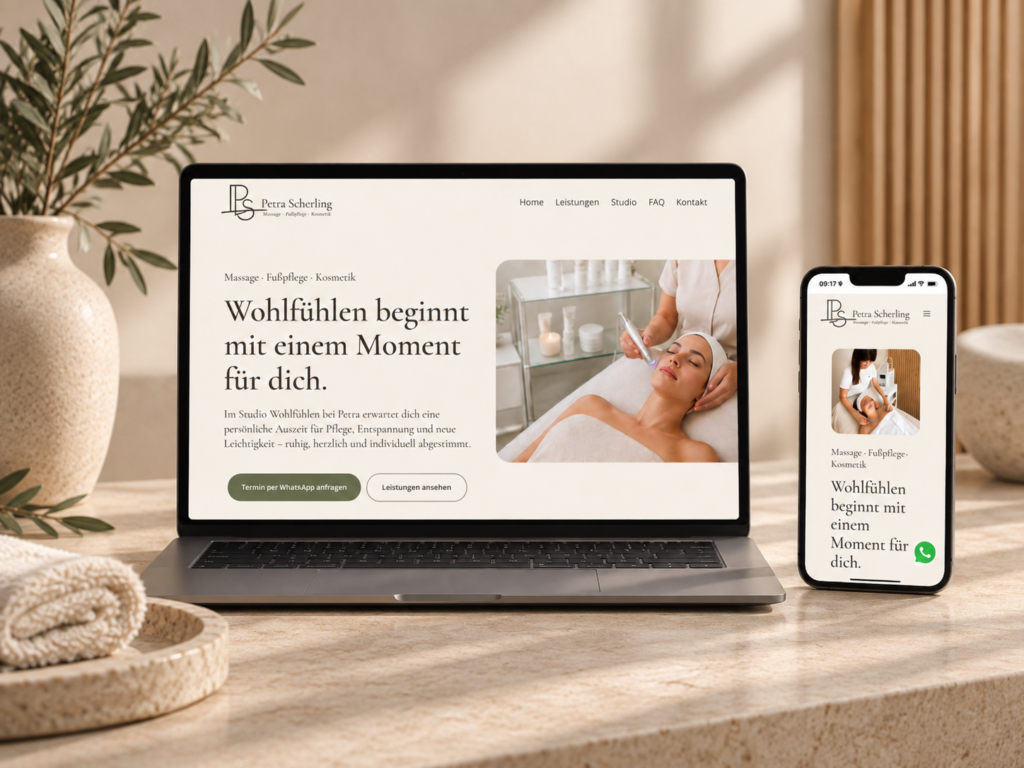 Leistungen 8 Responsive Website von Petra Scherling Studio Wohlfühlen auf Laptop und Smartphone in einem warmen, neutralen Spa-Setting