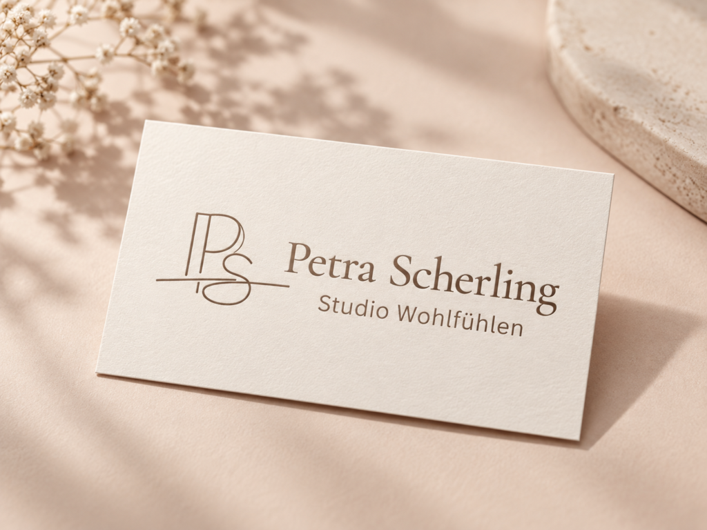 Leistungen 5 Feines Visitenkarten-Mockup mit dem Logo von Petra Scherling Studio Wohlfühlen auf hellem, stilvollem Hintergrund.