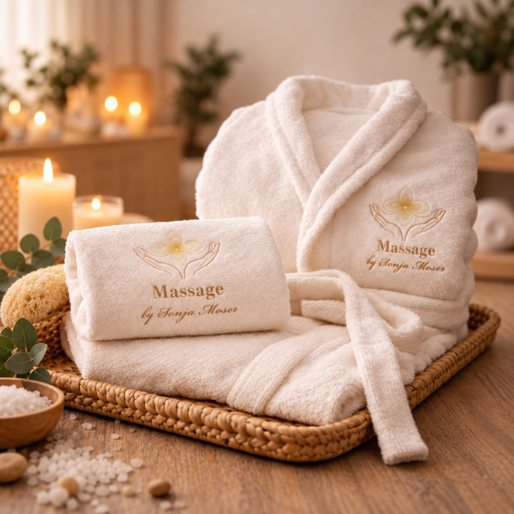 Leistungen 17 Bademantel und Handtücher mit dem Branding „Massage by Sonja Moser“ in einem warmen, ruhigen Spa-Setting