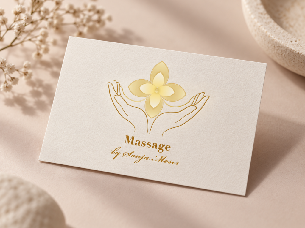 Leistungen 7 Elegantes Visitenkarten-Mockup mit dem Logo von Massage by Sonja Moser in einer warmen, ruhigen Spa-Atmosphäre.