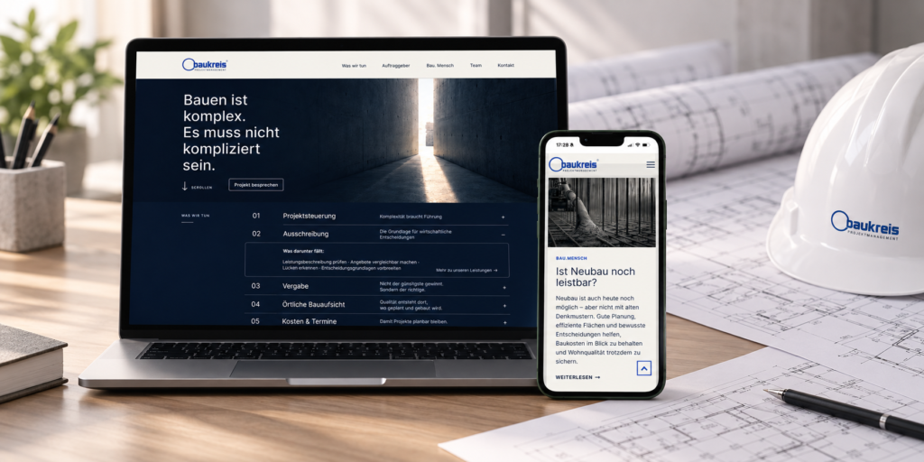 Leistungen 12 Responsive Website für Baukreis Projektmanagement auf Laptop und Smartphone vor Bauplänen und Architekturunterlagen