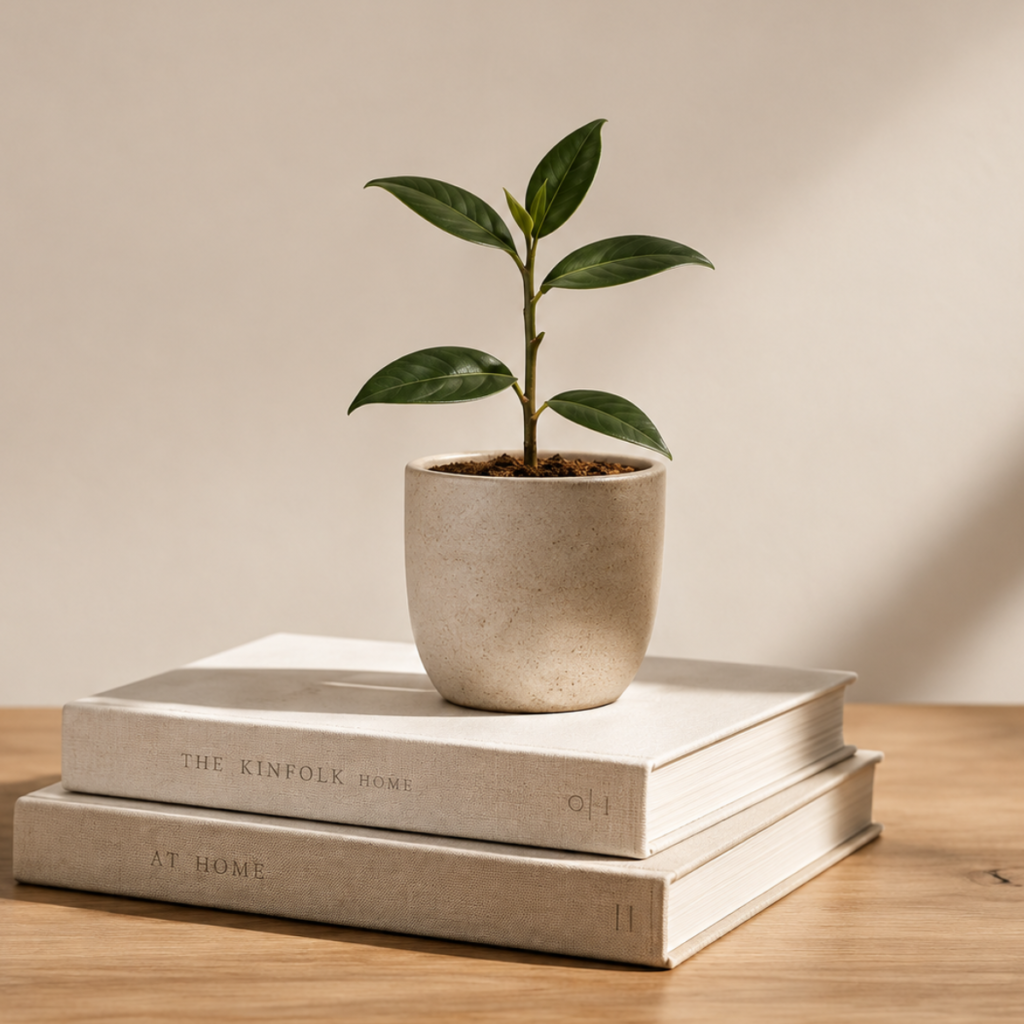 Leistungen 21 Pflanze auf Büchern als Symbol für den visuellen Start eines kleinen Unternehmens