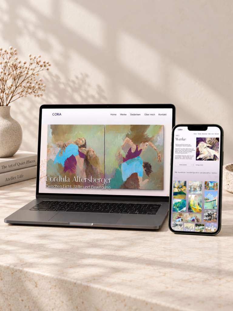 Leistungen 11 Responsive Künstler-Website für Cordula Altersberger auf Laptop und Smartphone in einem warmen, neutralen Studio-Setting